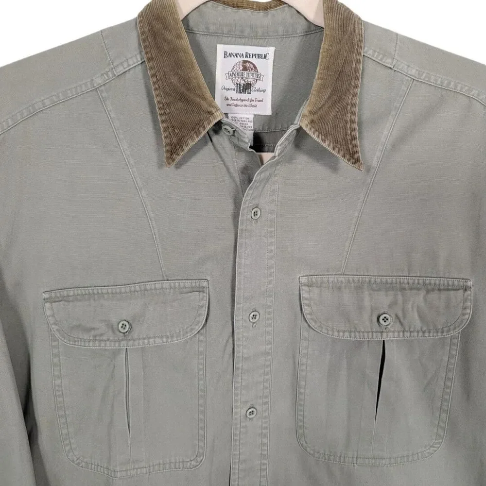 Vintage Banana Republic Original Travel Clothing Men Shirt L Green Chore Utility